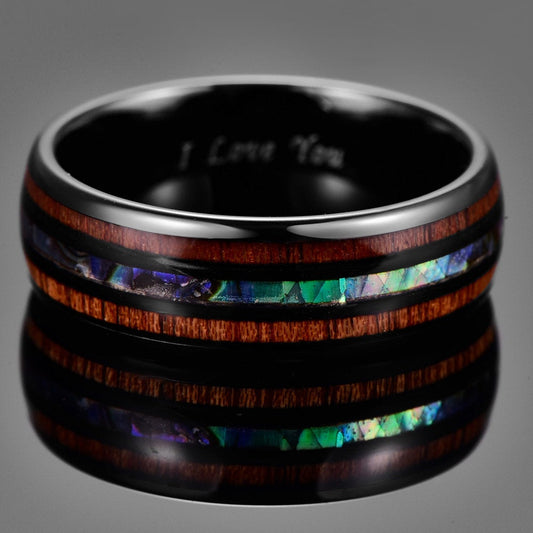 Tropical Wood Inlay and Abalone Ring for Men Set in Black Tungsten