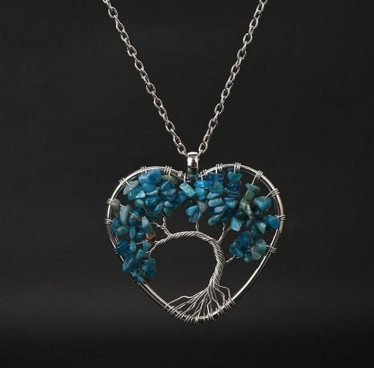 Silberne Lebensbaum-Edelstein-Herz-Halskette