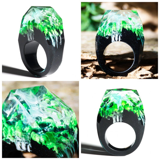 Geheimer Welt-Ring, Wald-Wasserfall-Ring, Miniatur-Welt-Ring, versteckter Welt-Ring, geheimer Wald-Ring, handgefertigter Ring, Resin-Chunky-Ring