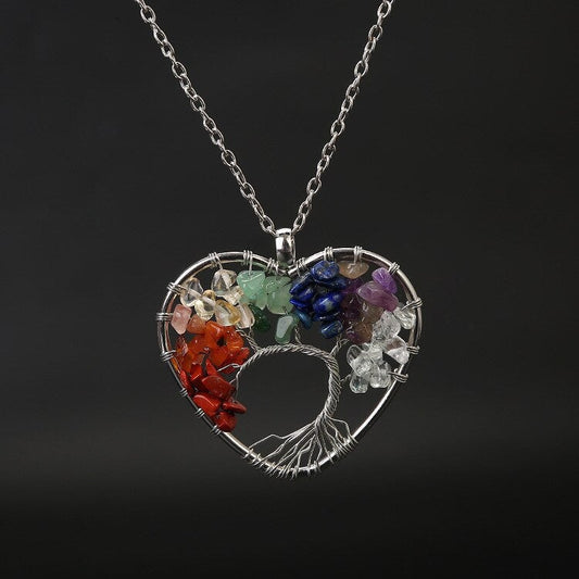 Silver Tree of Life Necklace, Rainbow Chakra Pendant, Rainbow Crystal Tree of Life, Natural Gemstone Pendant, 7 Chakras Necklace Pendant