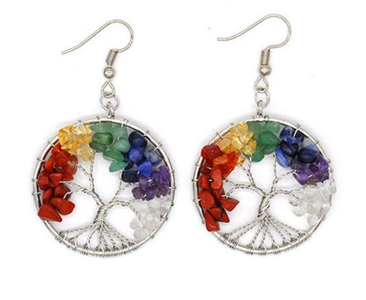 Rainbow Tree of Life Earrings, Rainbow Chakra Earrings, 7 Chakras Earrings Gemstone Tree of Life Earrings, Natural Gemstone Earrings Crystal
