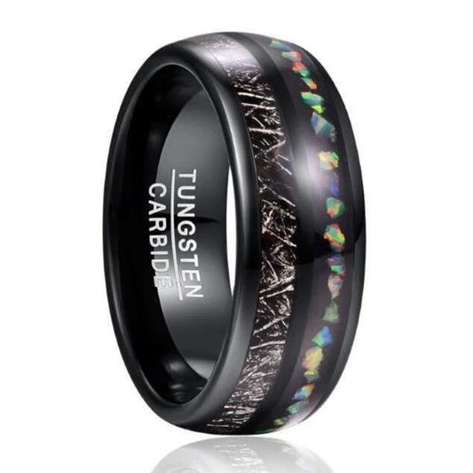 Men's Meteorite and Opal Tungsten Wedding Ring