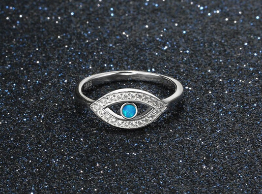 Blue Fire Opal Evil Eye Ring 925 Sterling Silver