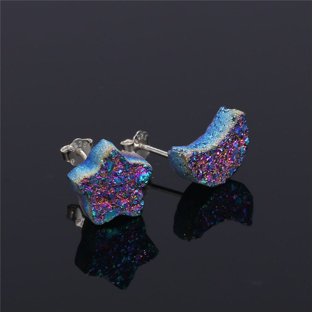 Rainbow Druzy Sterling Silver Mismatched Earrings