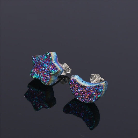 Rainbow Druzy Star & Moon 925 Sterling Silver Studs