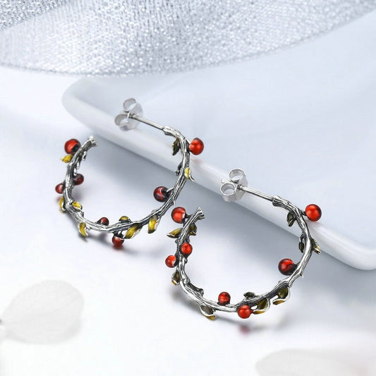 Red Berries Sterling Silver Tree Branch Earrings
