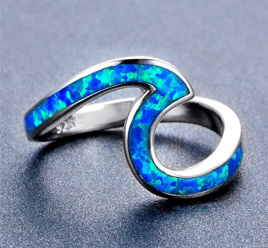 Blue Fire Opal 925 Sterling Silver Wave Ring