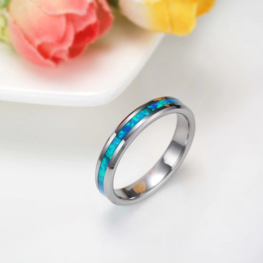 Women's Fire Opal Wedding Ring in Silver Tungsten Band