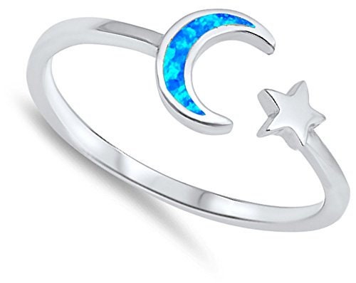 Opal Star & Moon 925 Sterling Silver Ring
