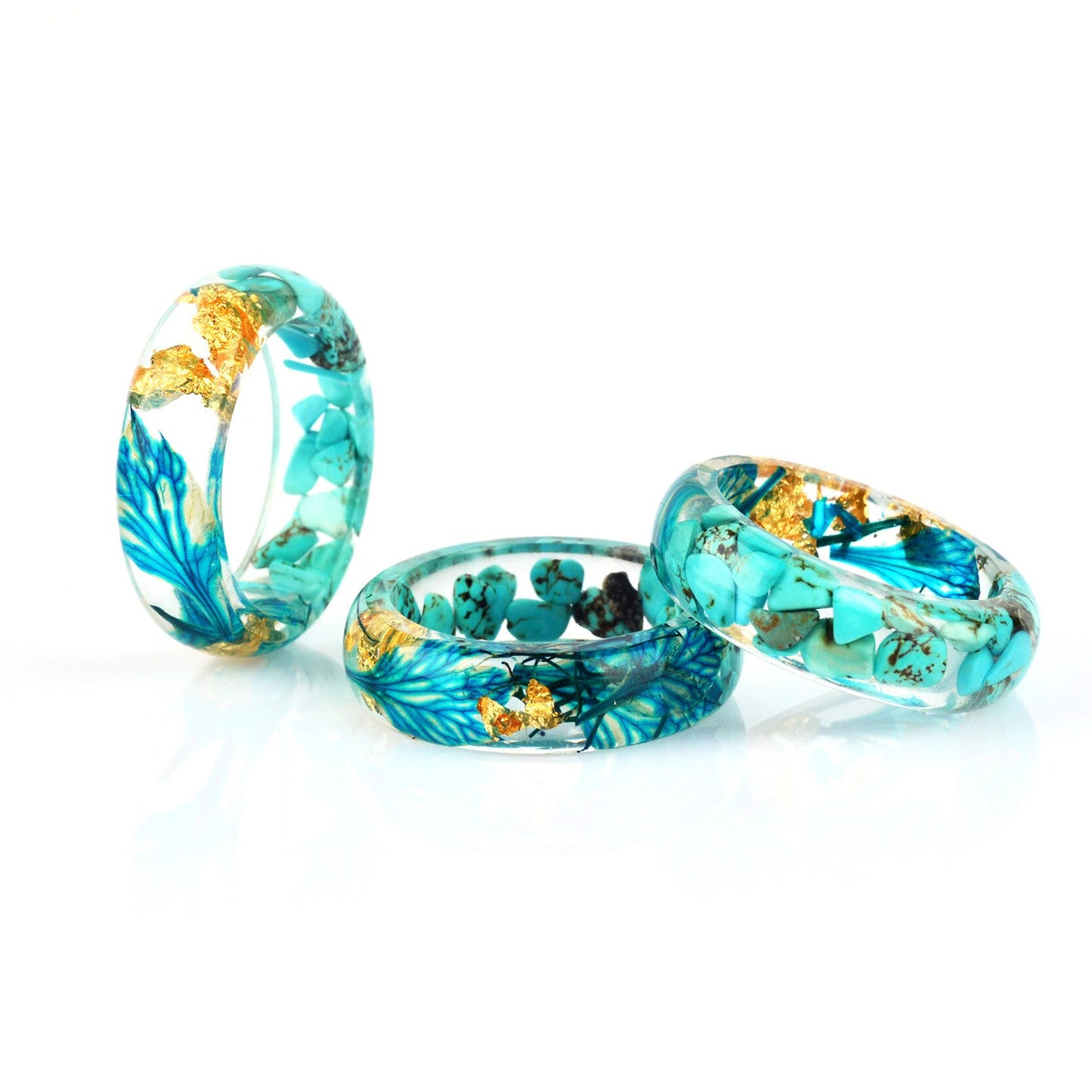 Blue Flower & Gold Leaf Rings