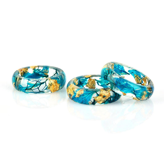 Blue Flower & Gold Leaf Rings