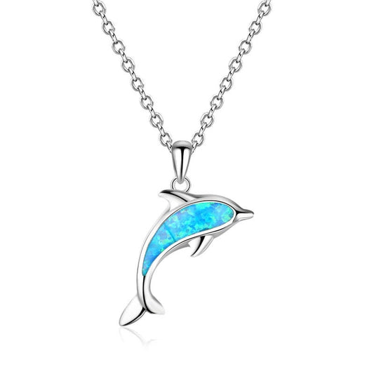 Silver Dolphin Necklace with Opal