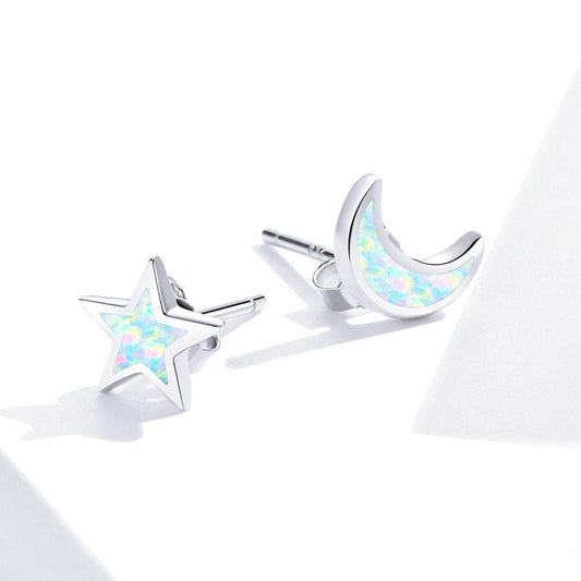 Fire Opal Star & Moon Studs in 925 Sterling Silver
