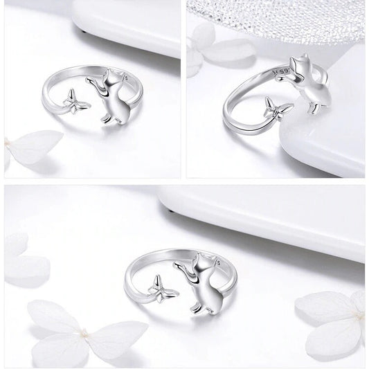 Cat Playing with Butterfly 925 Sterling Silver Ring