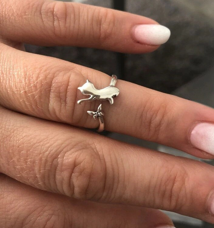 Cat Playing with Butterfly 925 Sterling Silver Ring