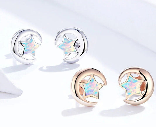 Clous d'oreilles étoile et lune opale en or rose