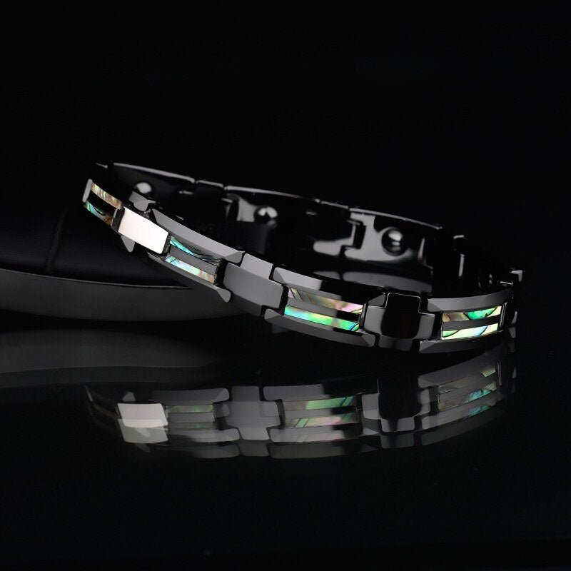 Bracelet en tungstène pour hommes avec incrustation de coquillages d'ormeau