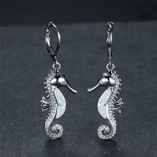 Rose Gold Opal Seahorse Earrings