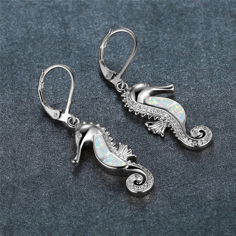 Rose Gold Opal Seahorse Earrings