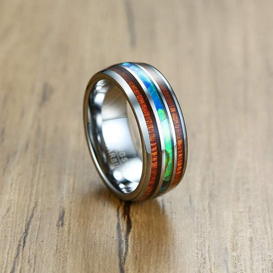 Koa wood mens ring with abalone shell inlay, silver Tungsten domed band, comfort fit.