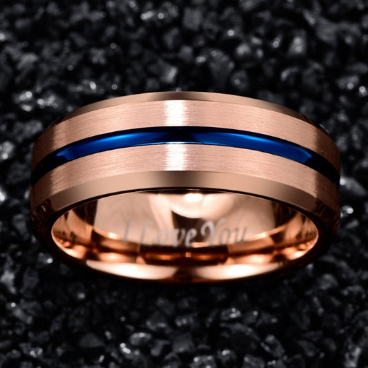 Mens band rose gold in an 8mm width with a polished blue stripe and comfort fit.