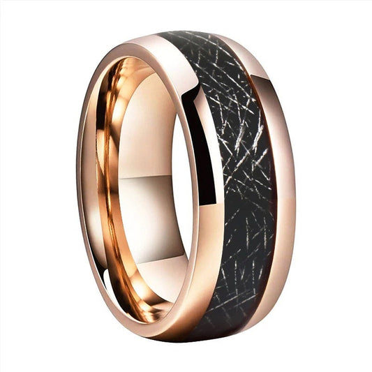 Men's meteorite ring featuring genuine Gibeon meteorite fusion crust.