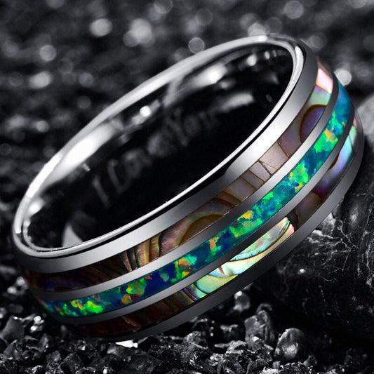Mens opal jewelry crafted with a silver Tungsten band, fire opal center, and abalone shell sides.