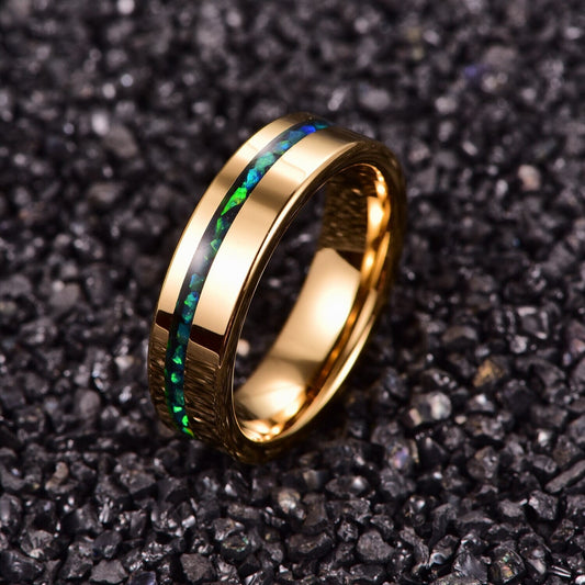 Mens yellow gold opal ring with bright blue and green opal inlay, flat band, comfort fit.