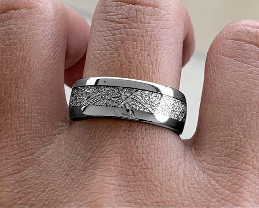 Meteorite men's wedding rings crafted from polished silver Tungsten in 8mm.