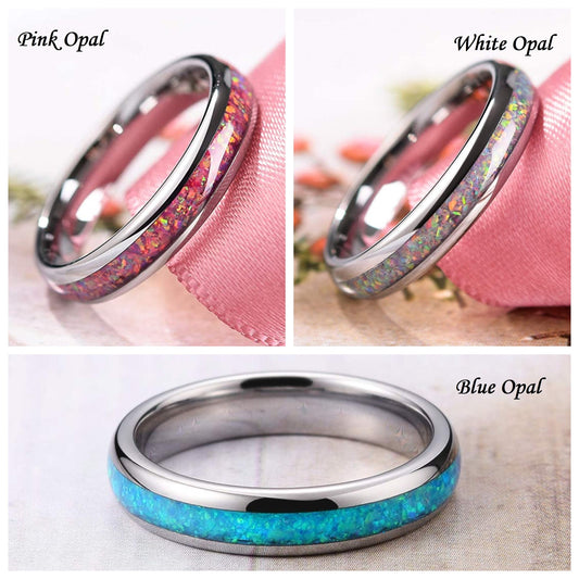 Opal ring collection with pink, white, and blue fire opal set in silver Tungsten.