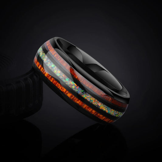 Polished black Tungsten men's ring with a rainbow fire opal inlay, real mahogany wood accents, and a domed band.