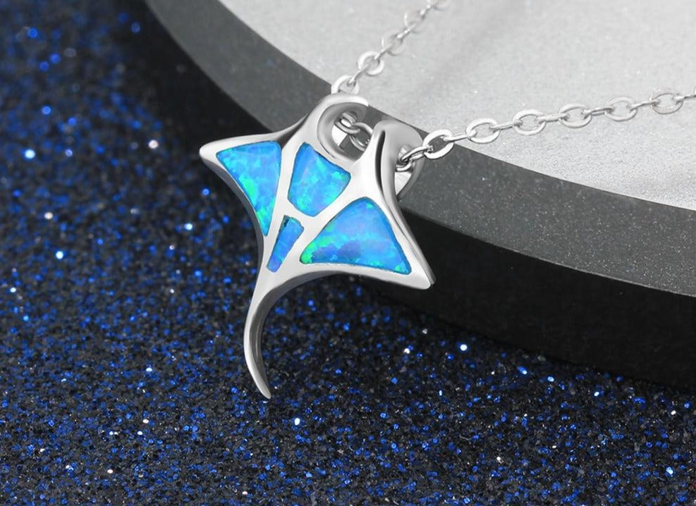 Manta Ray 925 Sterling Silver Pendant Blue Opal Shark Fish Sting Ray Pendant Necklace for Women Long Link Chain 925 Silver Jewelry Gift