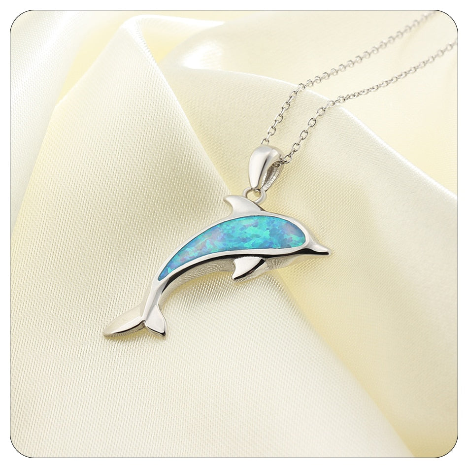 New Unique 925 Sterling Silver Blue Opal Dolphin Pendant Necklace for Women Long Link Chain 925 Silver Jewelry