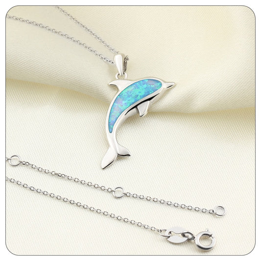 New Unique 925 Sterling Silver Blue Opal Dolphin Pendant Necklace for Women Long Link Chain 925 Silver Jewelry