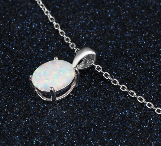 Dainty 925 Sterling Silver Opal Necklace For Women Dangle Charm Chains Necklace Pendants Big Stone Solitaire Necklace