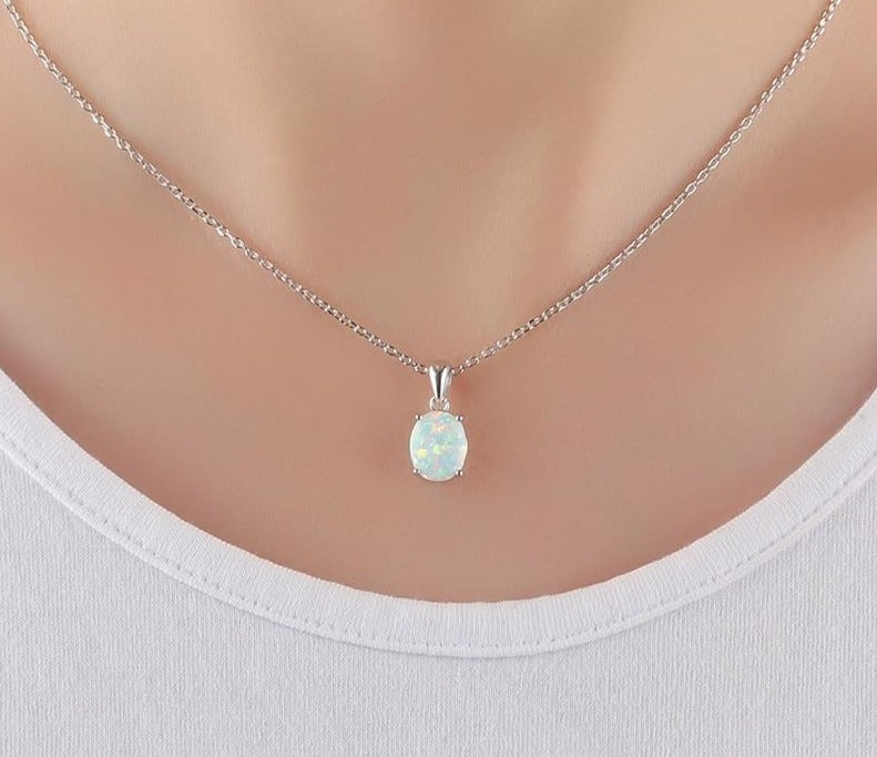 Dainty 925 Sterling Silver Opal Necklace For Women Dangle Charm Chains Necklace Pendants Big Stone Solitaire Necklace