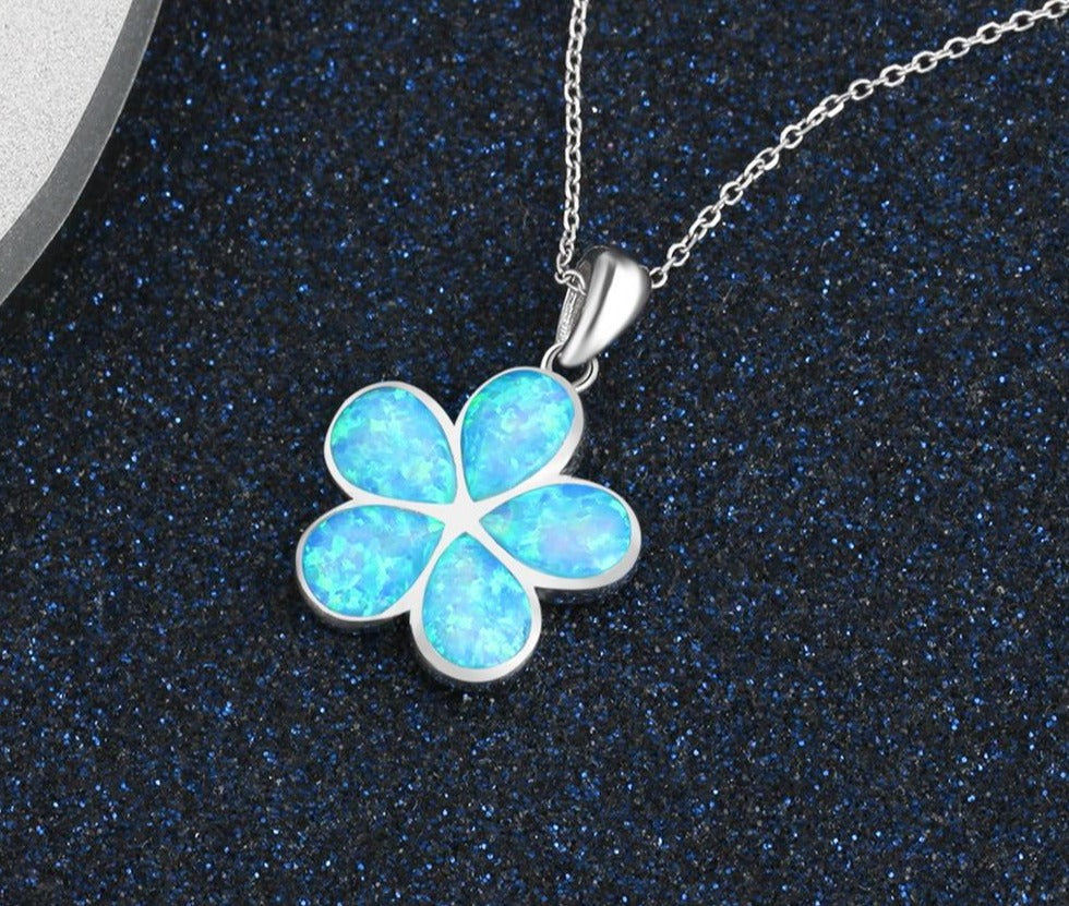 New 925 Sterling Silver Blue Opal Big Daisy Flower Pendant Necklaces for Women Long Link Chain 925 Silver Jewelry