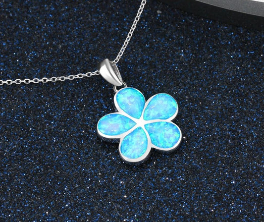 New 925 Sterling Silver Blue Opal Big Daisy Flower Pendant Necklaces for Women Long Link Chain 925 Silver Jewelry