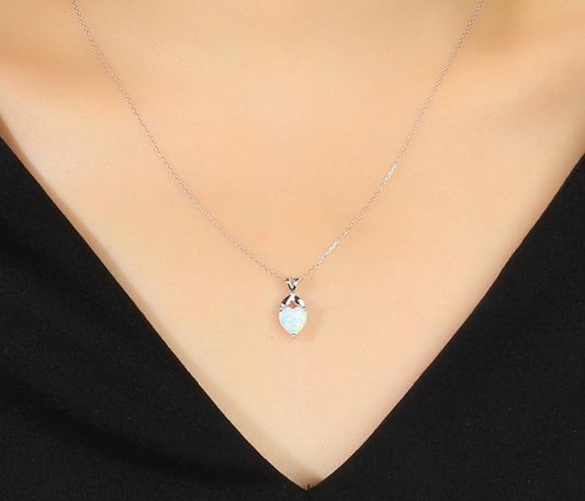925 Sterling Silver Opal Necklace Heart Pendant Necklace Colar Women Dangle Gemstone Solitaire Necklace Chains