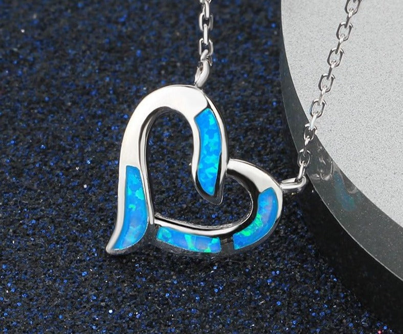 925 Sterling Silver Heart Pendant Necklace Women Blue Fire Opal Necklace Drops Charms Link Chains Necklace