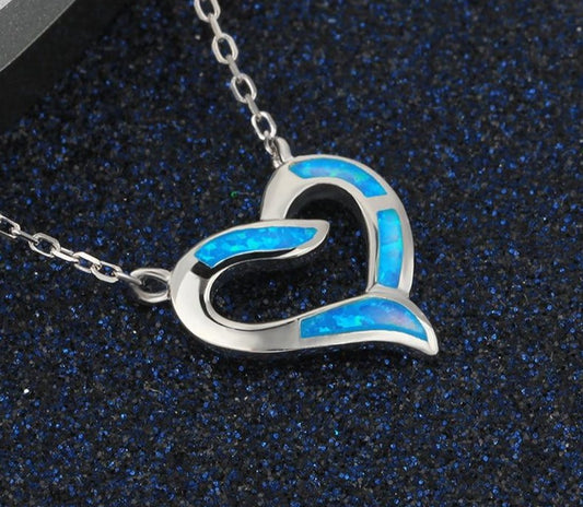 925 Sterling Silver Heart Pendant Necklace Women Blue Fire Opal Necklace Drops Charms Link Chains Necklace