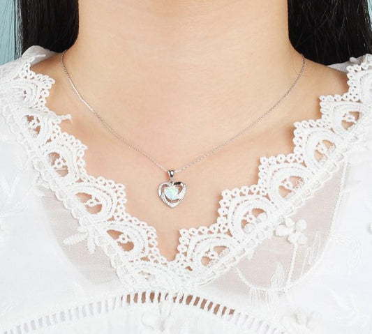 925 Sterling Silver Opal Necklace Women Cubic Zirconia Heart Pendant Necklace Collar Dangle Hollow Drop Necklace