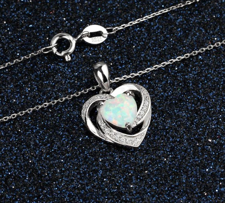 925 Sterling Silver Opal Necklace Women Cubic Zirconia Heart Pendant Necklace Collar Dangle Hollow Drop Necklace