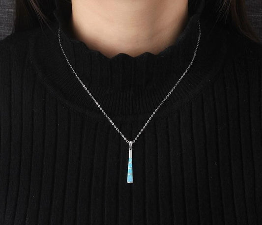 925 Sterling Silver Blue Fire Opal Necklace For Women Colar Chain Charm Dangle Bar Necklace Long Pendants Necklace