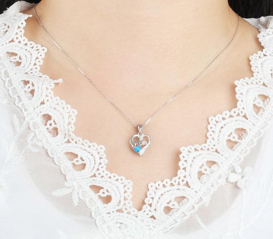 925 Sterling Silver Heart Pendant Necklace Women Blue Opal Mom Necklace Gift Zircon Initial Letter Necklace Chain