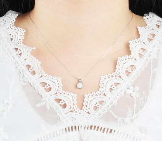 925 Sterling Silver Fire Opal Necklace For Women Round Gemstone Solitaire Necklace Pendants Drop Chains Necklaces