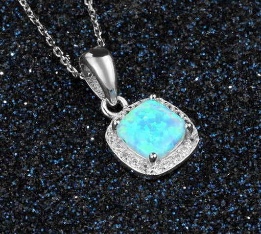 925 Sterling Silver Square Pendant Necklace Collar For Women Blue Opal Solitaire Necklace Zirconia Chains Necklace