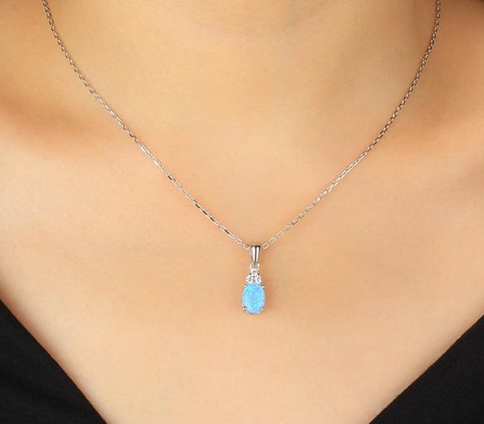 925 Sterling Silver CZ Pendant Necklace For Women Blue Fire Opal Necklace Link Chains Zircon Solitaire Necklace