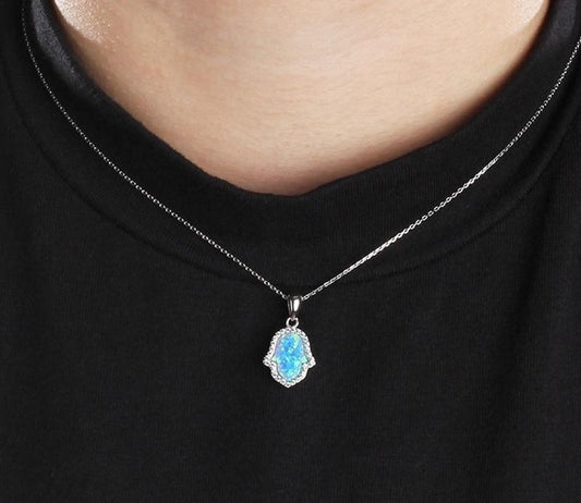 925 Sterling Silver Hamsa Blue Fire Opal Necklace Womens Hand Pendant Necklace Chain Zirconia Solitaire Necklace