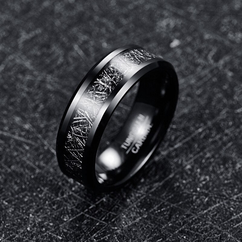 Black Tungsten ring with meteorite and beveled edges.